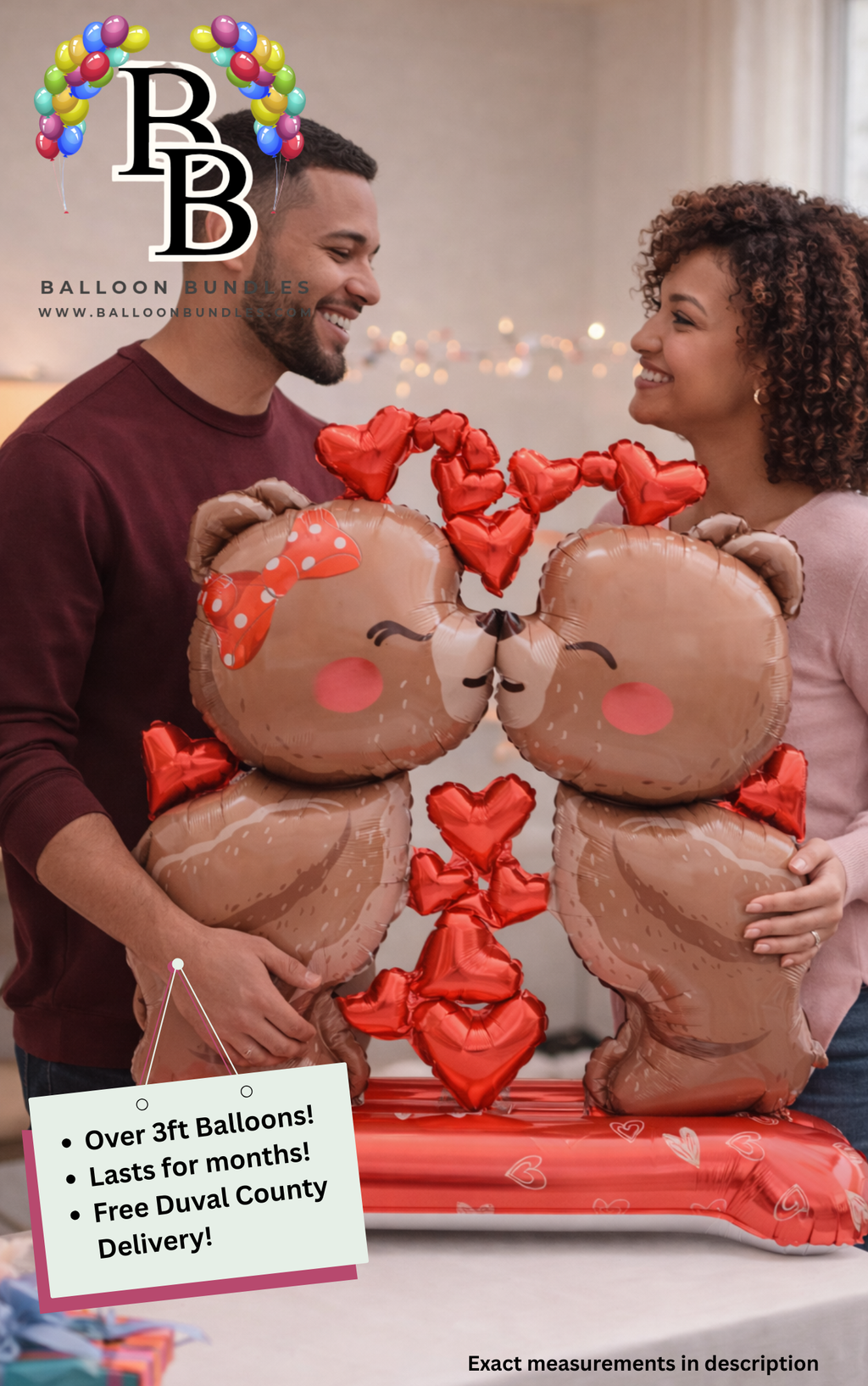 59-inch Large Kissing Couple Heart Brown Bear Balloon